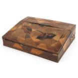 Japanese marquetry and lacquered writing slope with fitted interior, character marks to the slope,