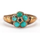 Antique unmarked gold turquoise flower head ring, size G, 1.5g