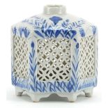 Japanese hexagonal blue and white porcelain incense burner hand painted with flowers, 8.5cm high