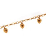 9ct gold Belcher link bracelet with love hearts, 19cm in length, 9.2g