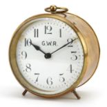 Great Western Railway, brass drum clock, the enamelled dial having Arabic numerals, the case