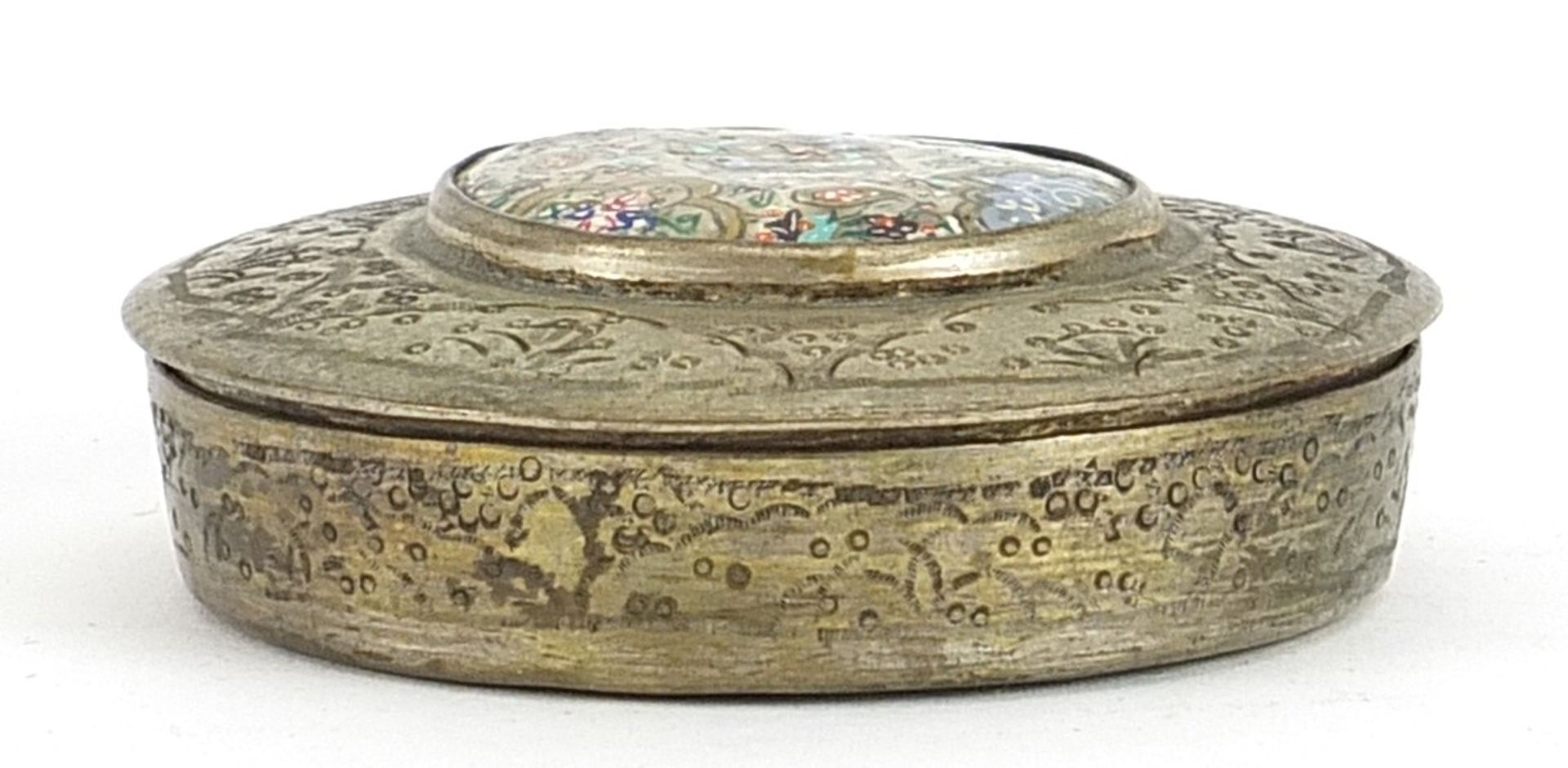 Islamic white metal box and cover and a porcelain dish with white metal overlay, the largest 9.5cm - Image 2 of 4