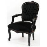 French style black painted elbow chair with black button back upholstery, 92cm high