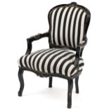 French style black painted elbow chair with black and white striped upholstery, 92cm high