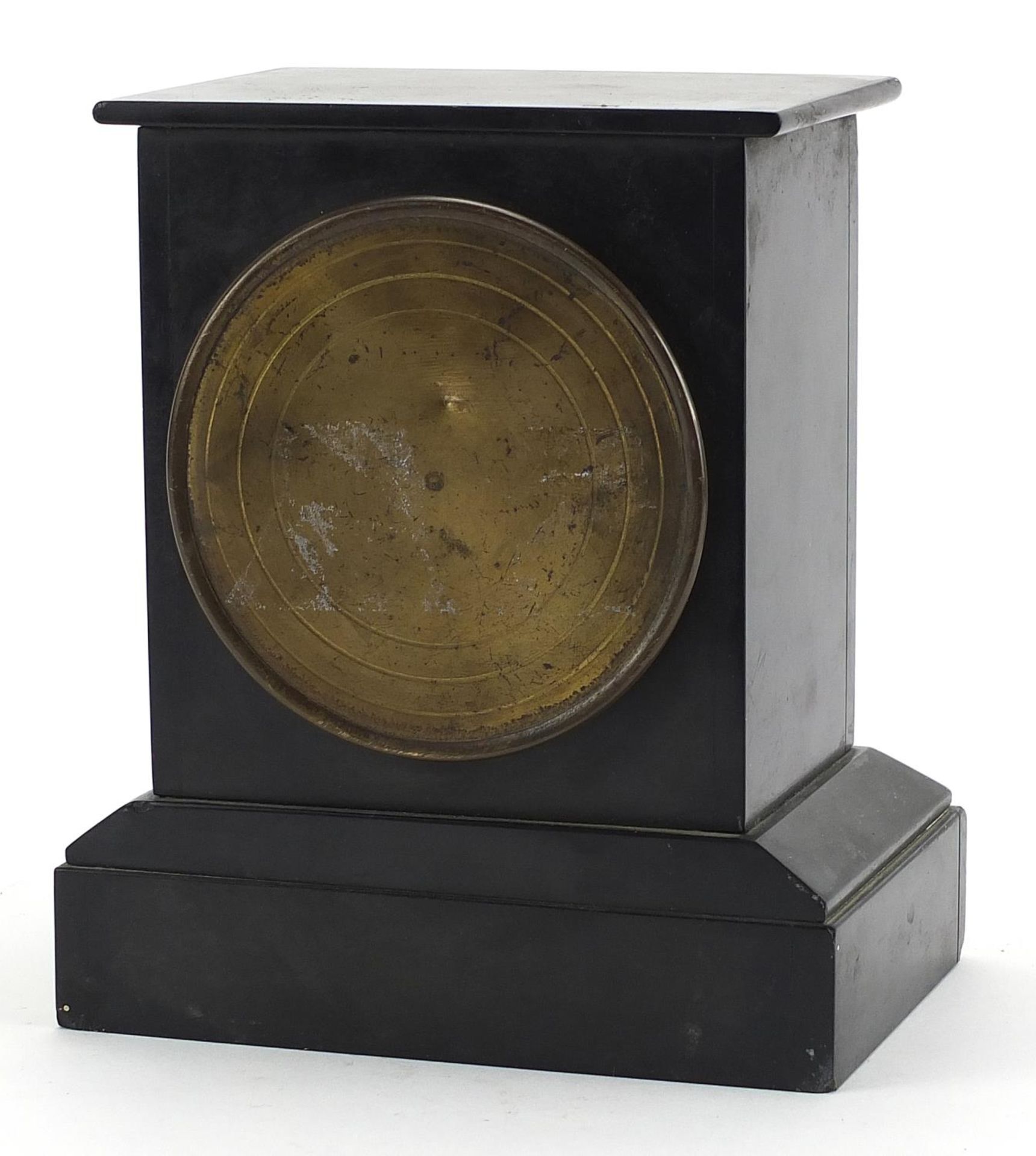 Victorian black slate mantle clock, the enamelled dial having Roman numerals the movement numbered - Image 2 of 4