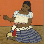 Female spinning wool, Latin American school gouache on paper, framed and glazed, 28.5cm x 28.5cm