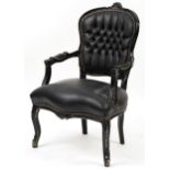 French style black painted elbow chair with black faux leather button back upholstery, 92cm high
