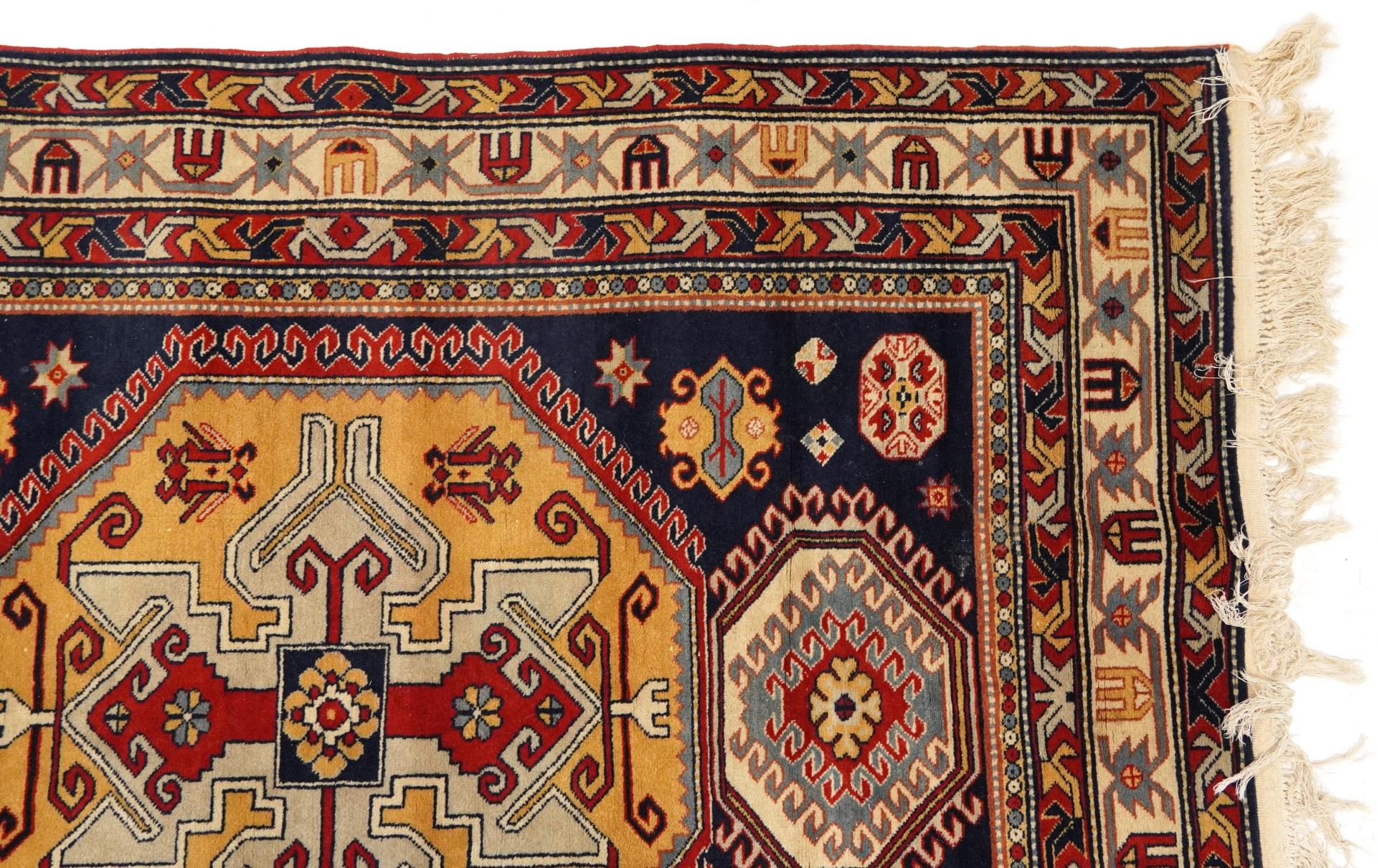 Rectangular Middle Eastern red and blue ground rug having an all over geometric design, 200cm x - Image 3 of 6