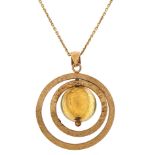 9ct gold gimbal design pendant on 9ct gold necklace, 3.5cm high and 54cm in length, 6.4g