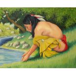 Indian at water's edge, American school oil on canvas, mounted and framed, 49.5cm x 40.5cm excluding