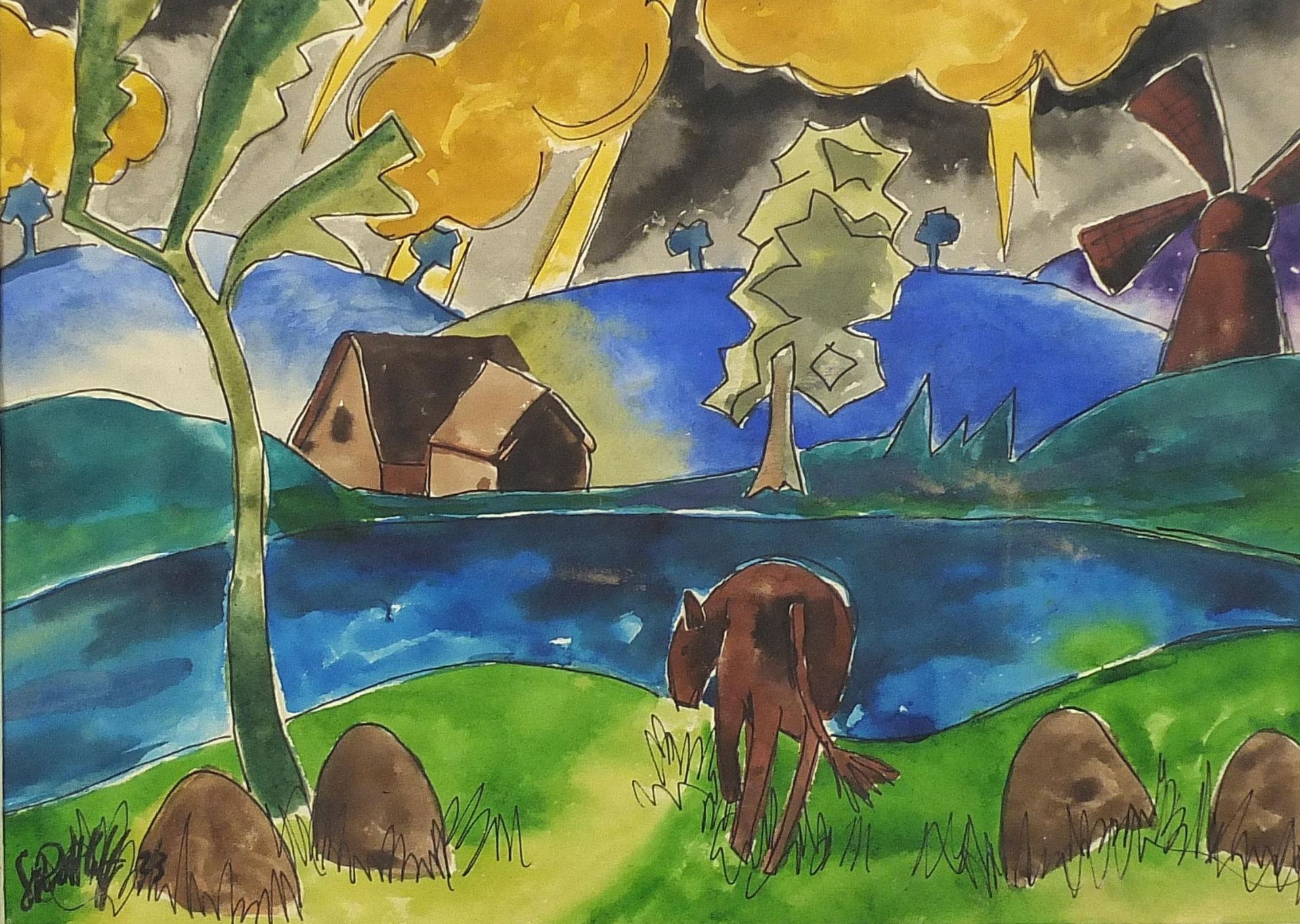 Stormy landscape with cow before a lake, ink and watercolour, mounted, framed and glazed, 33cm x