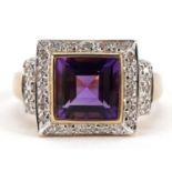 9ct gold amethyst and diamond cluster ring, size S, 4.3g