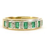 9ct gold emerald and diamond half eternity ring, size M, 2.7g