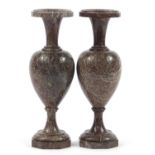 Pair of Grand Tour style rouge marble pedestal vases, 33cm high
