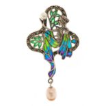 Silver plique a jour enamel, marcasite and cultured pearl brooch pendant in the form of an Art