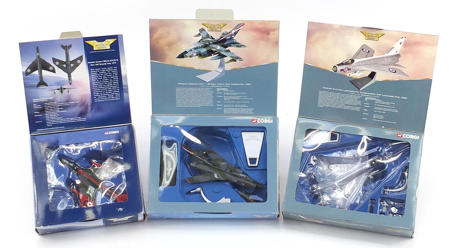 Three Corgi 1:72 scale diecast model aeroplanes with boxes comprising Hawker Hunter F.MK 6A, Panavia