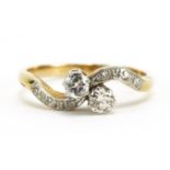 18ct gold and platinum diamond crossover ring, size M/N, 2.8g