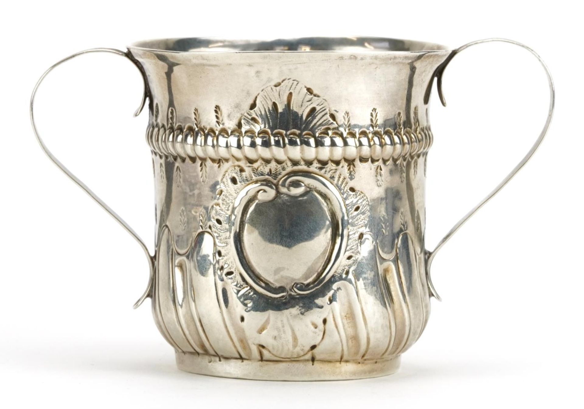 Georgian silver porringer with twin handles, demi fluted body and blank cartouche, incomplete London