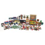 Collection of vintage toys including Transformers, Scalextric vehicles, Pogs and Slammers, two