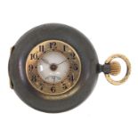 Ladies gun metal and yellow metal half hunter pocket watch with enamelled dial housed in a fitted