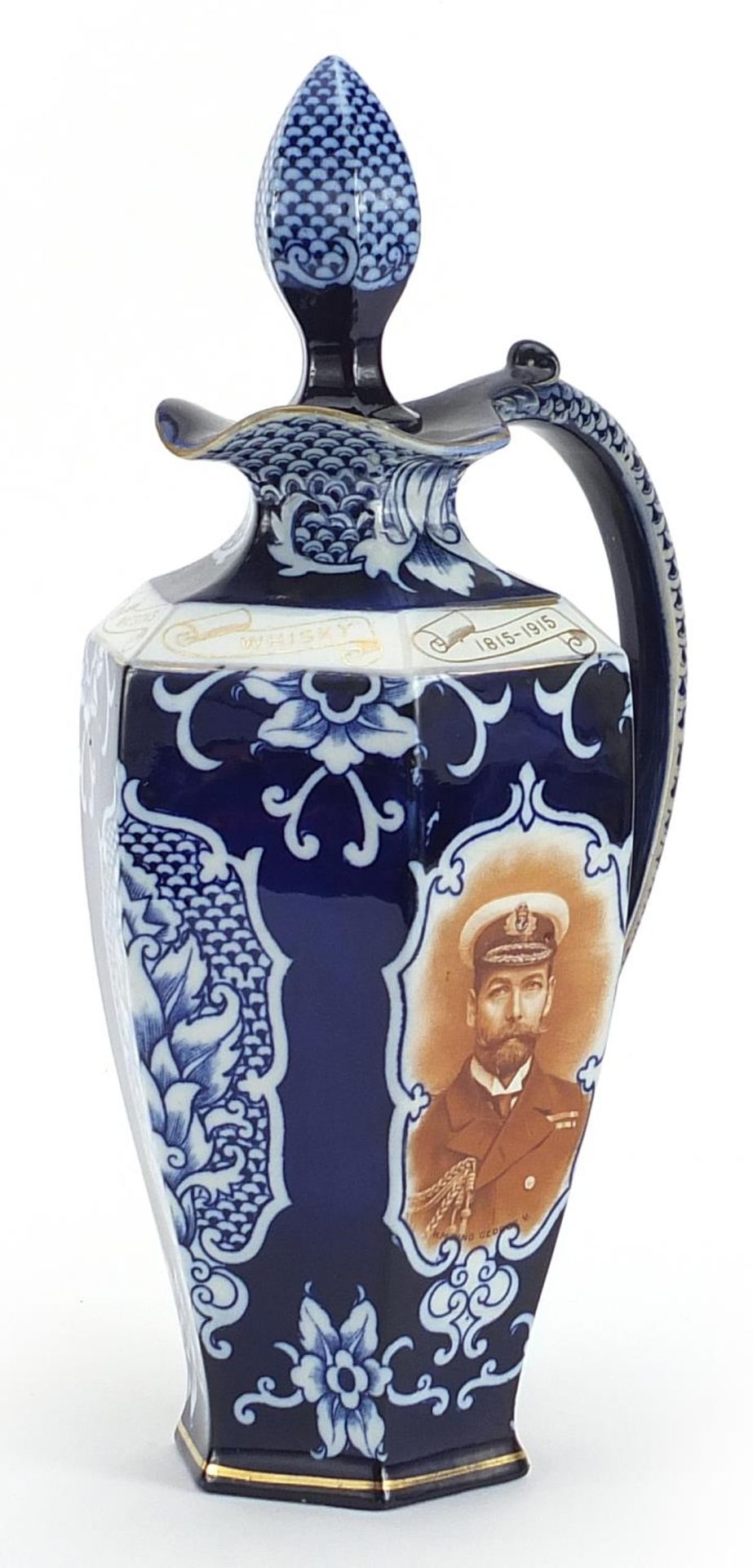 James Watson & Co jug and stopper commemorating King George V, Herbert Asquith, 28cm high