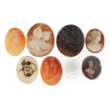 Collection of antique and later cameo panels, hardstone panels, intaglio seal fob and a portrait