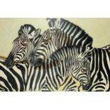 Clive Fredriksson - Three zebras, oil on canvas, framed, 118cm x 79cm excluding the frame