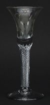 18th century Jacobite wine glass with air twist stem and bowl etched with a thistle and Tudor