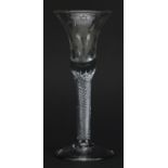 18th century Jacobite wine glass with air twist stem and bowl etched with a thistle and Tudor