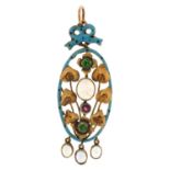 Unmarked gold and enamel pendant set wit cabochon moonstones, green stones and a garnet, tests as