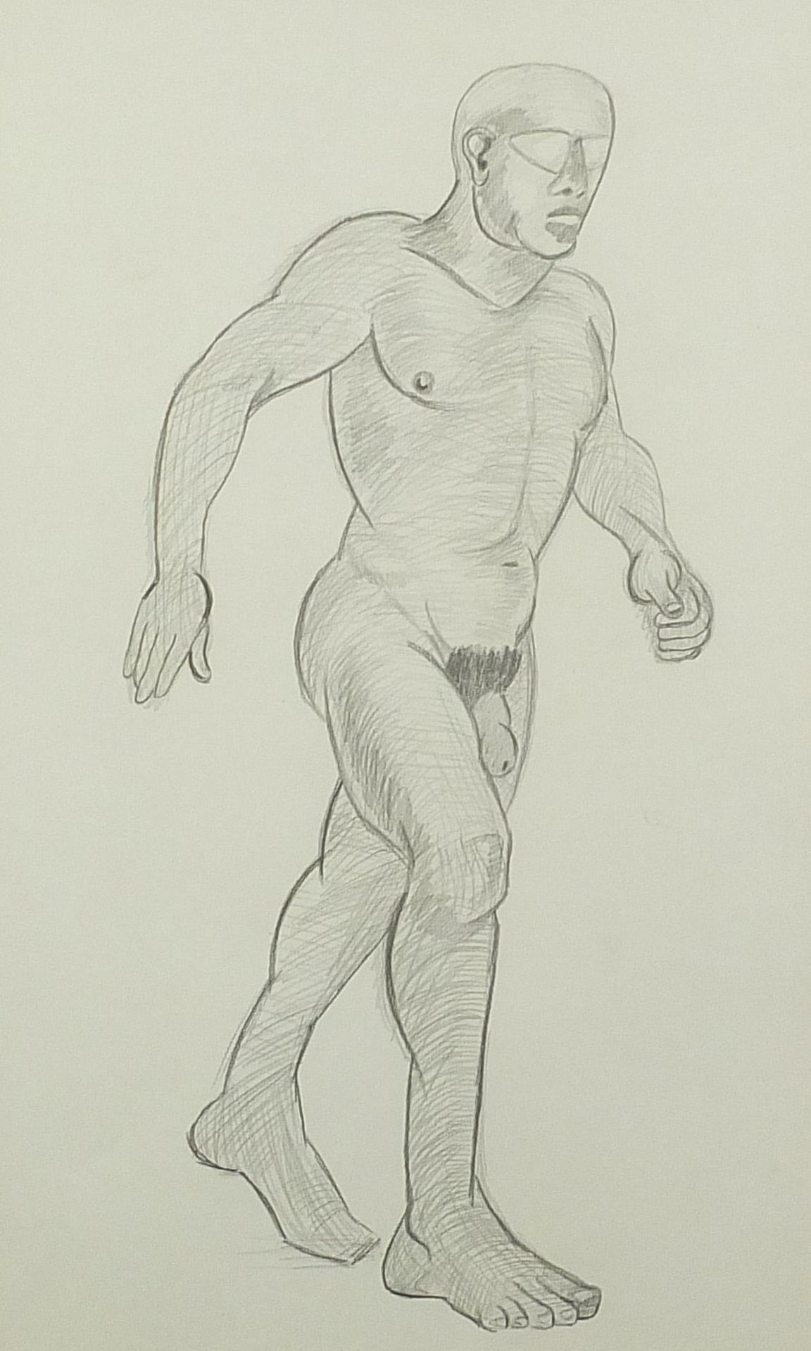 Full length portrait of a nude man, Modern British school pencil, mounted, framed and glazed, 45.5cm