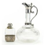 Victorian cut glass claret jug and hip flask with silver plated mounts, the largest 24cm high