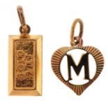 Two 9ct gold charms comprising gold bar and initial M, the largest 1.6cm high, total 0.8g