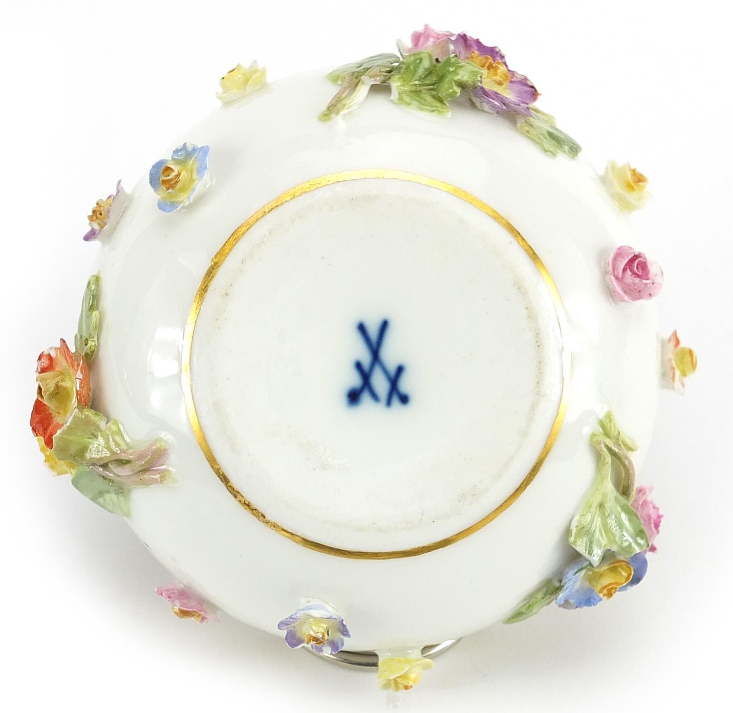 Meissen, German floral encrusted porcelain box and cover, blue crossed sword marks to the base, 7. - Image 3 of 3