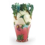 Delphin Massier, French Vallauris three handled vase hand painted with flowers, 33.5cm high