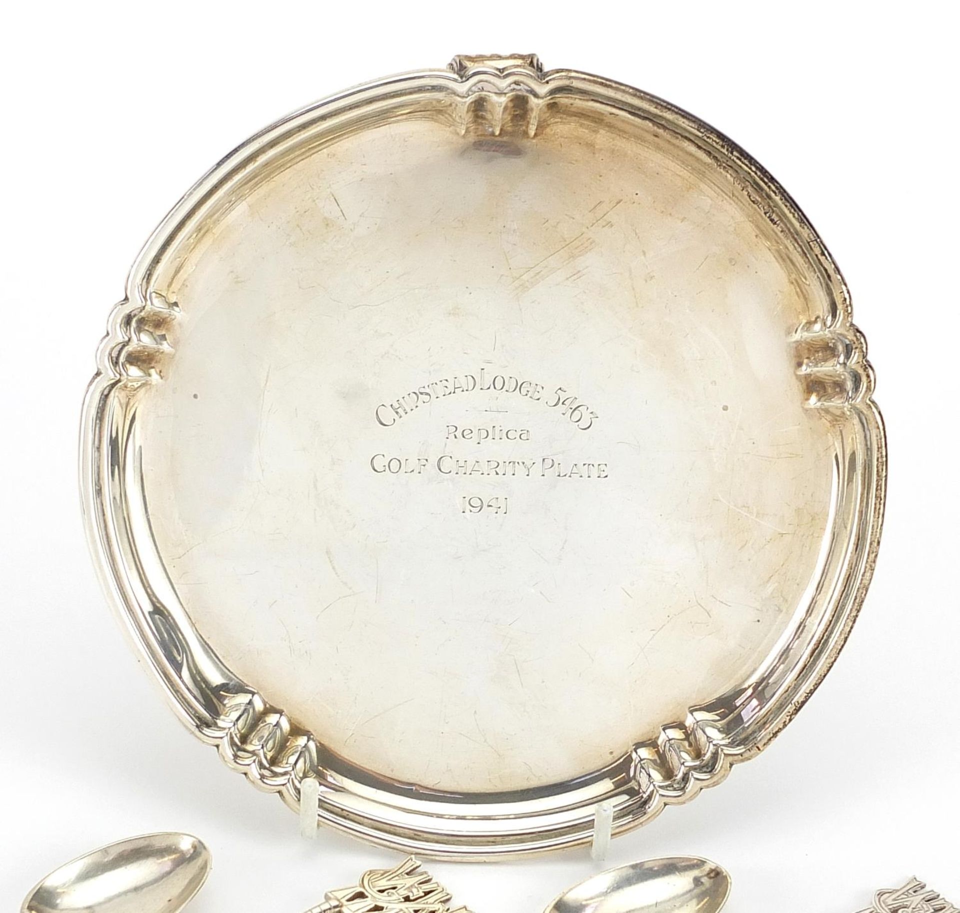 Golfing interest circular silver three footed salver and set of six teaspoons, the salver engraved - Image 2 of 5