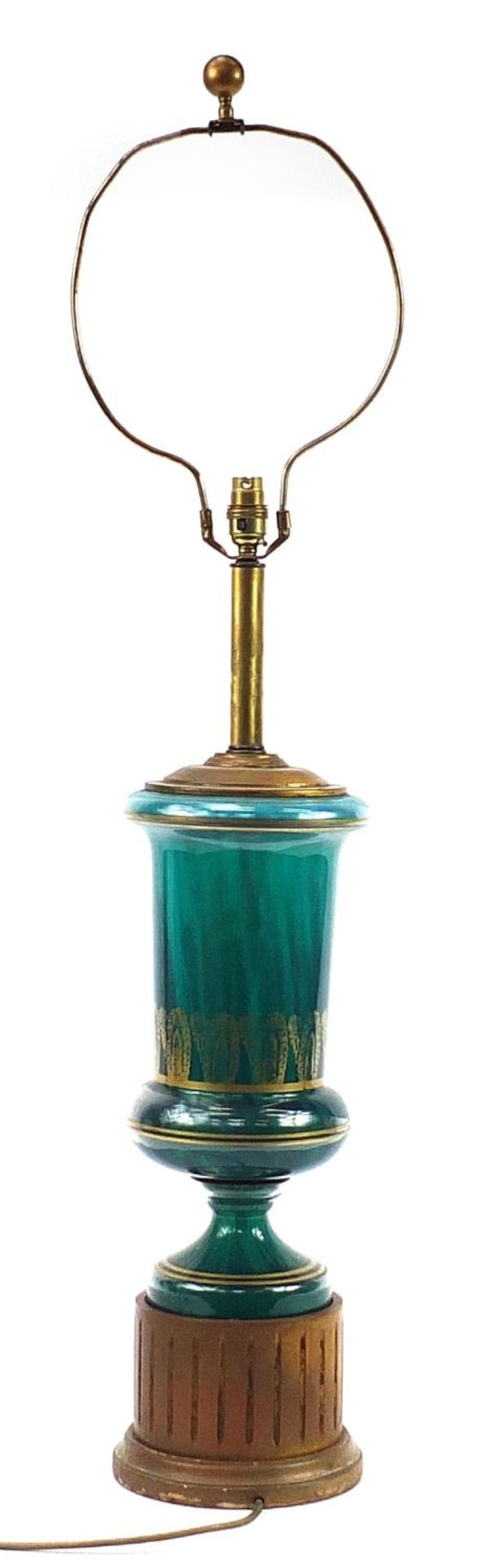 Green glass table lamp with gilded decoration and column base, 107cm high - Image 2 of 3
