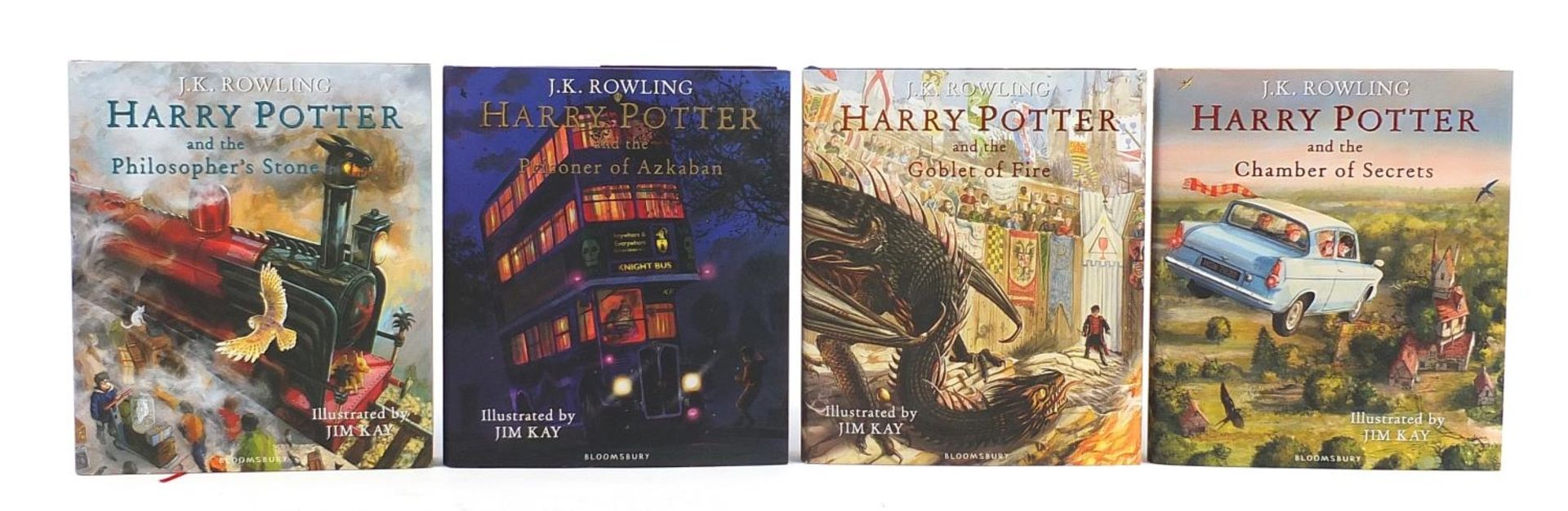 Four Harry Potter hardback books published by Bloomsbury, by J K Rowling and illustrated by Jim Kay