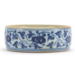 Chinese blue and white porcelain dish hand painted with flowers on a vine, 13.5cm in diameter