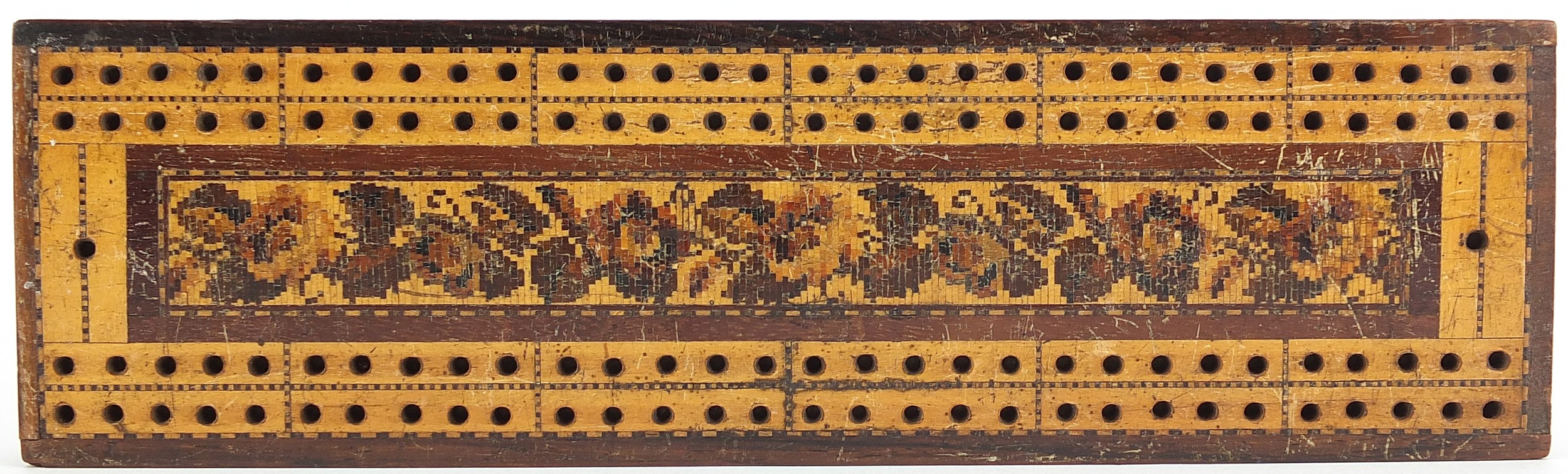 Victorian Tunbridge Ware cribbage board with floral inlay, 25cm x 7cm - Image 2 of 4
