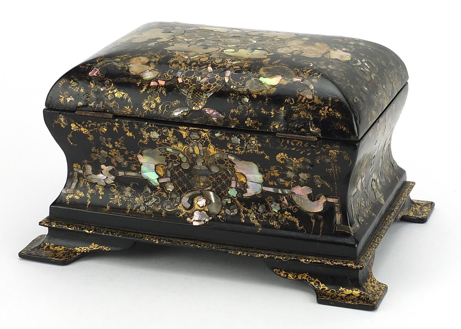 Victorian papier mache tea caddy with twin divisional interior and abalone inlay gilded with - Image 3 of 4