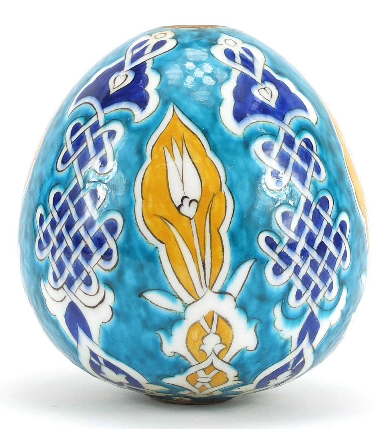 Turkish Iznik pottery hanging ball hand painted with flowers, 12.5cm high