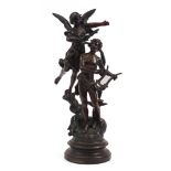 After French Henryk Kossowski, large bronzed figure group of an angel and figure holding a harp,
