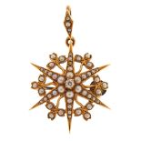 Antique unmarked gold seed pearl and diamond starburst pendant brooch, 3.5cm high, 4.2g