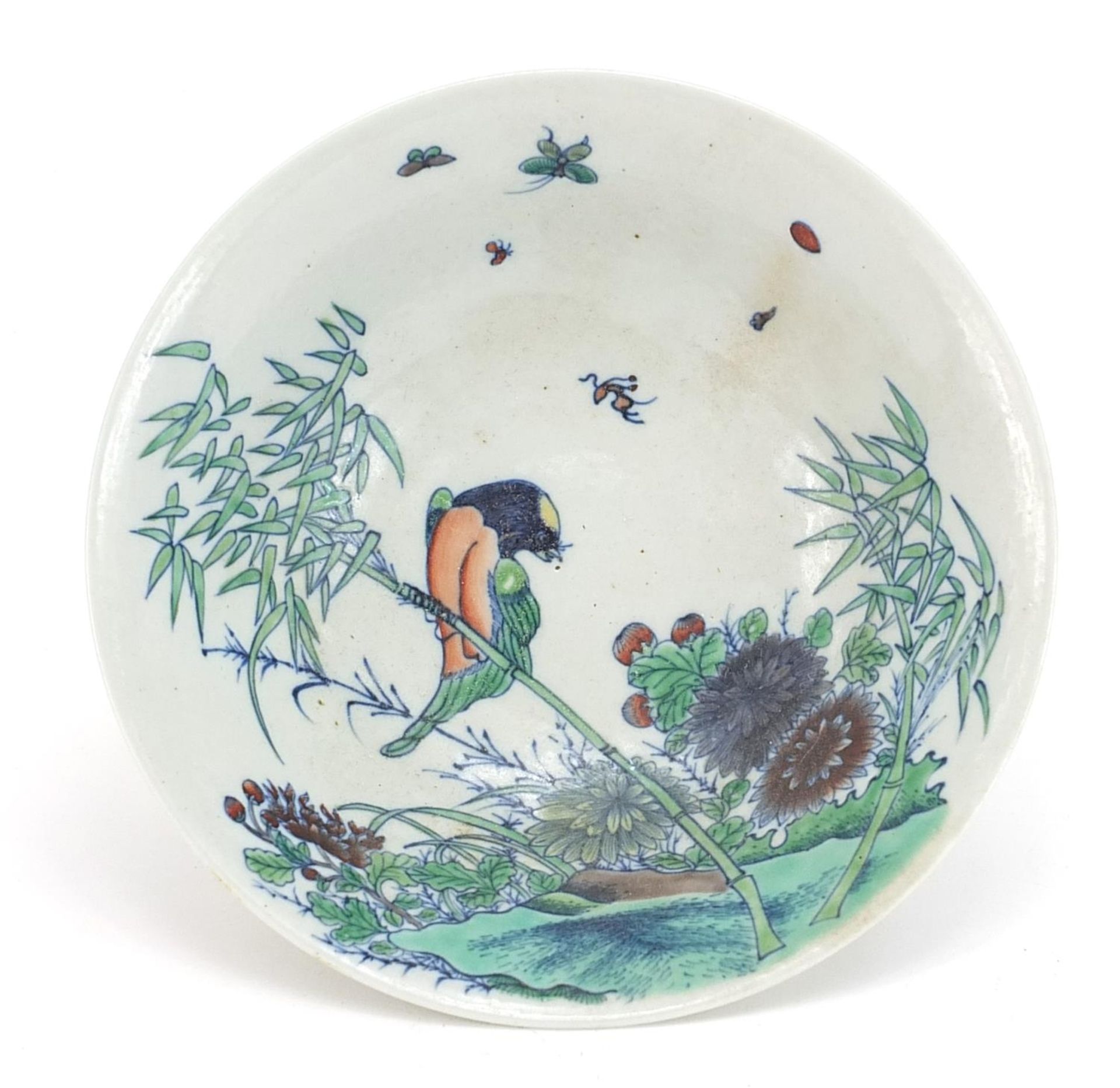 Chinese porcelain doucai bowl hand painted with a bird on a branch amongst butterflies and fish, six - Image 3 of 4
