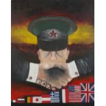 Russian figure wearing a cap with flags, political interest oil and collage on canvas, unframed,