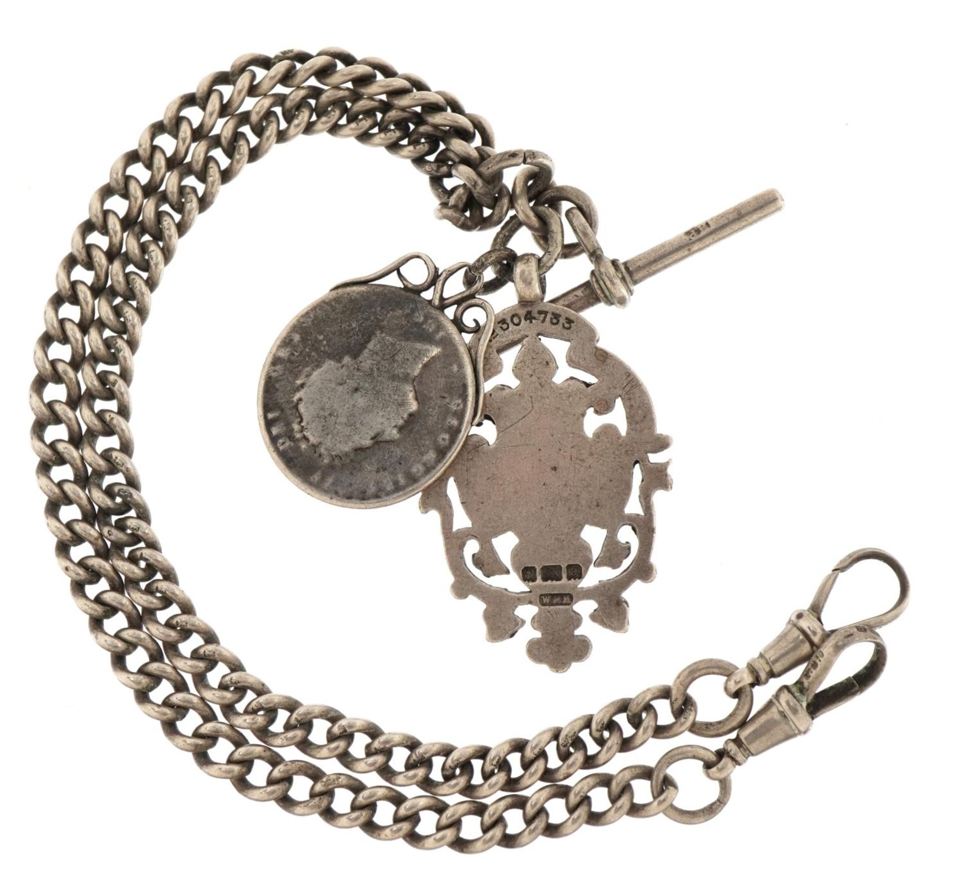 Silver watch chain with T bar, jewel and enamelled George IV shilling, 38cm in length, 46.9g - Image 3 of 4