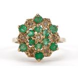 9ct gold diamond and emerald three tier cluster ring, size P/Q, 3.2g