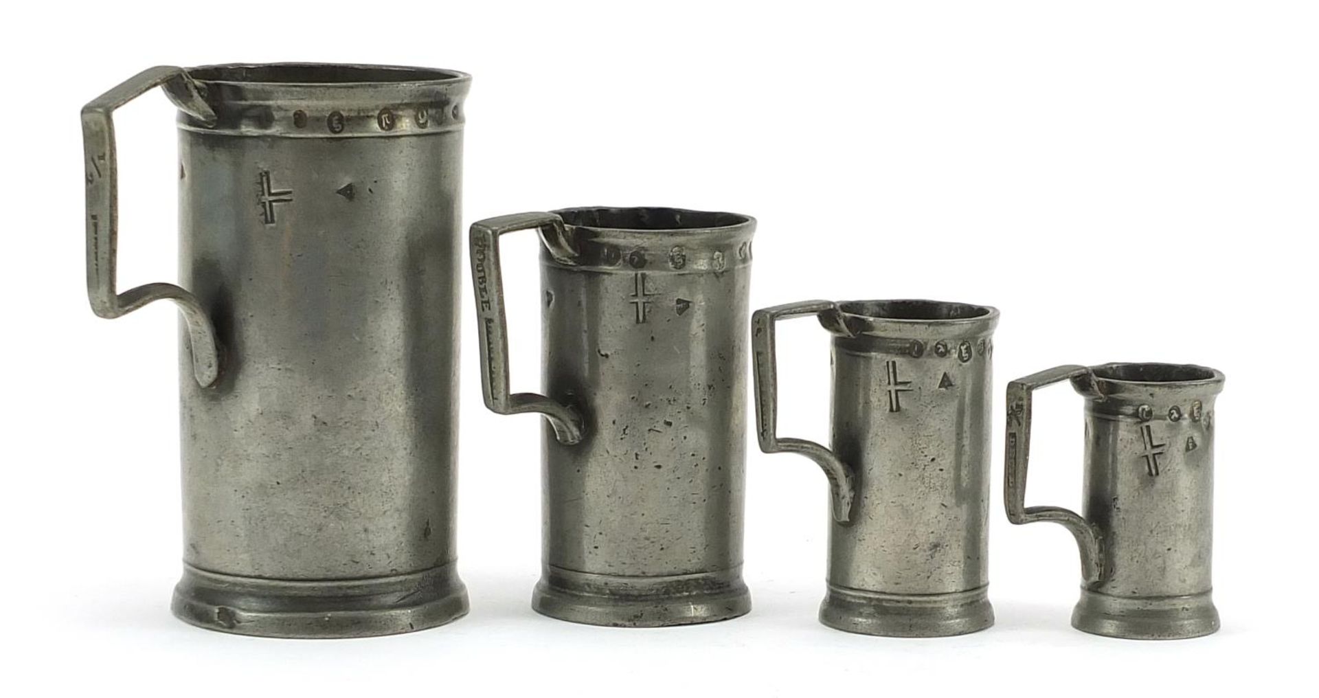 Graduated set of four antique pewter measures, indistinct maker's mark to each, possibly Dewitte - Image 2 of 6