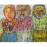 The Three Spinsters - mixed media, inscribed verso Aldo Pasquali, mounted and framed, 49cm x 39cm